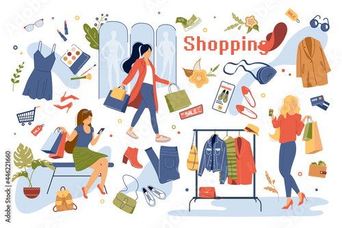 Shopping concept isolated elements set. Collection of women buy clothes and accessories in store  choose cosmetics  sales  discounts  payment and other. Vector illustration in flat cartoon design
