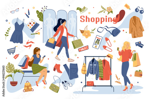 Shopping concept isolated elements set. Collection of women buy clothes and accessories in store, choose cosmetics, sales, discounts, payment and other. Vector illustration in flat cartoon design
