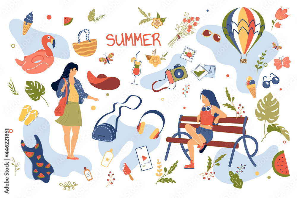Summer concept isolated elements set. Collection of woman in summer clothes walking, sitting on bench, swimsuit, photo camera, ice cream, balloon and other. Vector illustration in flat cartoon design
