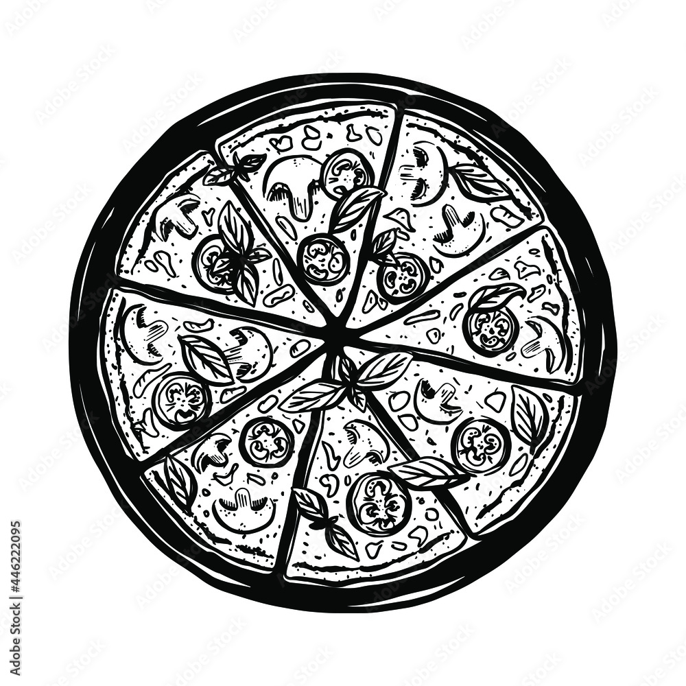 Vector sketch of Italian pizza. Tasty pizza topped with tomato sauce, cheese, mushrooms, tomatoes and basil. Vector black and white illustration.