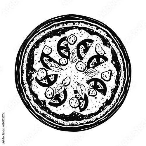 Vector sketch of pizza. Tasty Italian pizza topped with tomato sauce, mozzarella cheese, tomatoes, meatballs and basil. Vector black and white illustration.