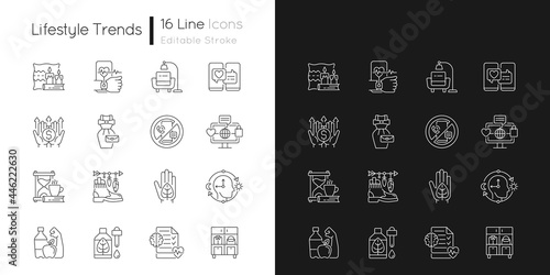 Lifestyle trends linear icons set for dark and light mode. Hygge atmosphere. Health tracking. Digital detox. Customizable thin line symbols. Isolated vector outline illustrations. Editable stroke