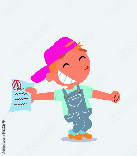 happy cartoon character of little boy on jeans rejoices with exam in hand