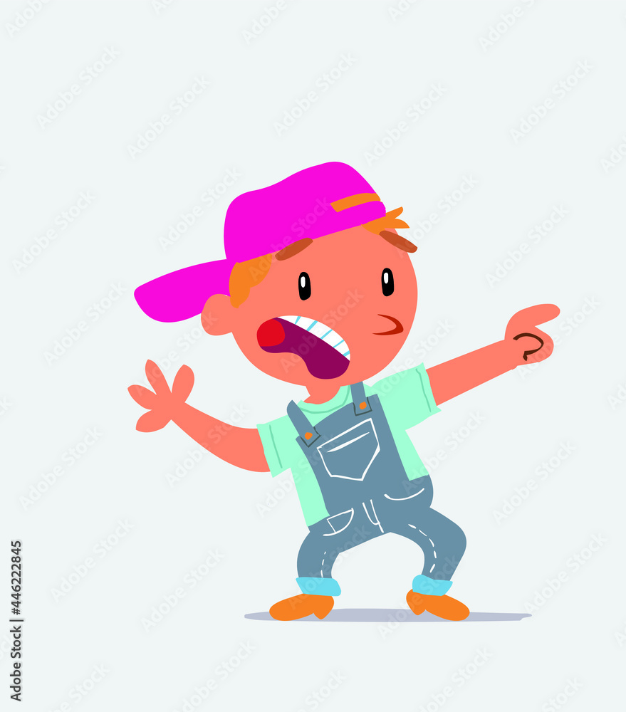 Scared cartoon character of little boy on jeans points to the side. Scared cartoon character of little boy on jeans points to the side.