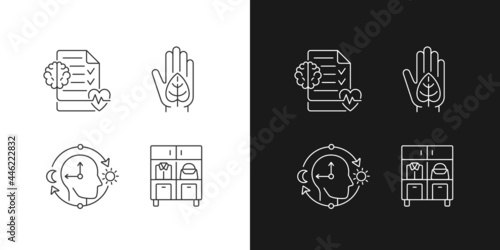 Positive progress in life linear icons set for dark and light mode. Mental health awareness. Green living. Customizable thin line symbols. Isolated vector outline illustrations. Editable stroke