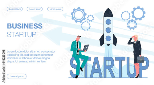 a businessman sits on a big startup sign and works on his laptop, a businesswoman stands next to him and watches a rocket launch flat vector illustration