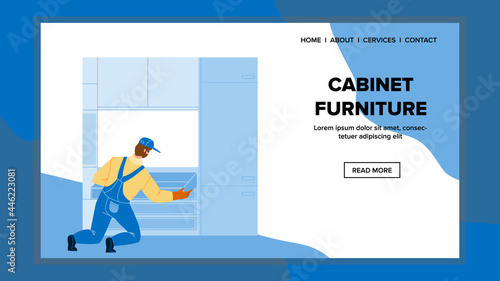 Cabinet Furniture Installing Worker Man Vector. Guy Technician Install Cabinet Furniture In Apartment Kitchen, Assembling Process. Character Assembling Construction Web Flat Cartoon Illustration