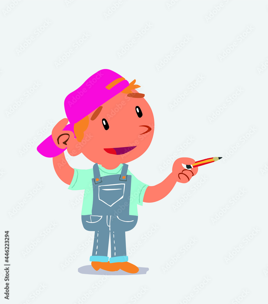 cartoon character of little boy on jeans doubts while pointing with a pencil cartoon character of little boy on jeans doubts while pointing with a pencil