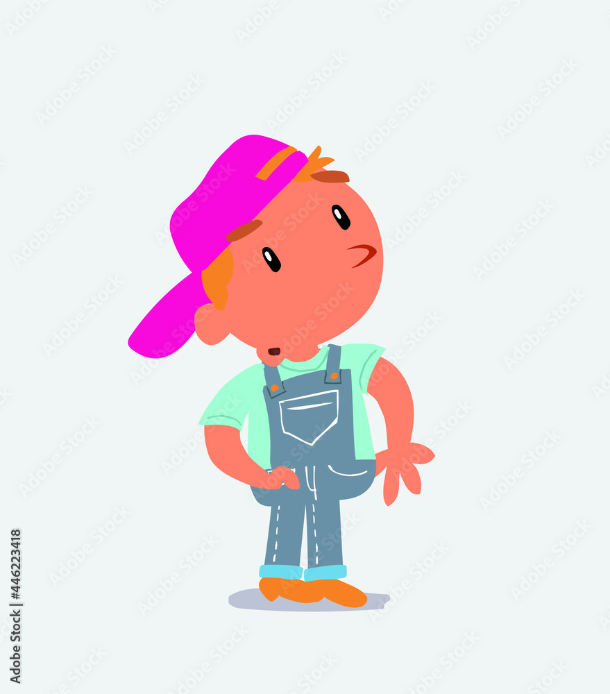 cartoon character of little boy on jeans looks with doubt and somewhat surprised.