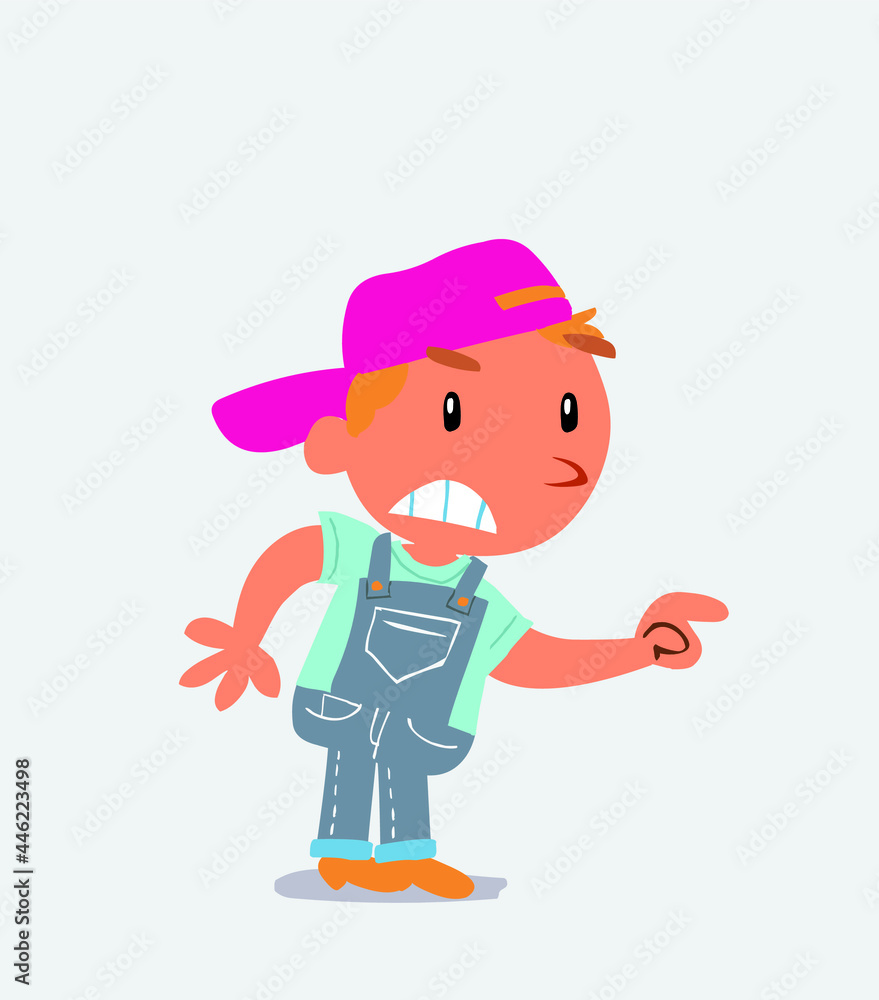 cartoon character of little boy on jeans pointing something aggressively. cartoon character of little boy on jeans pointing something aggressively.