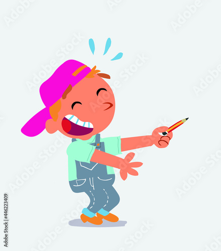  cartoon character of little boy on jeans laughs while pointing to the side with a pencil.