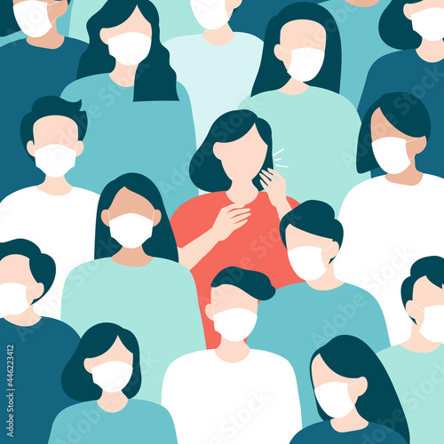 Coronavirus infected woman coughing in a crown patetrned background vector