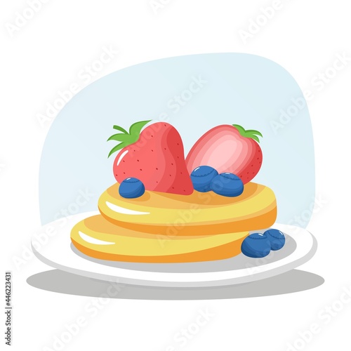 Vector illustration of american pancakes with strawberry and blueberry on white plate. Healthy breakfast concept