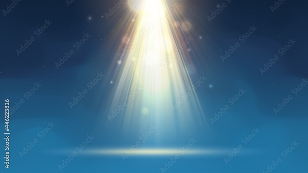 Gold spotlight. Blue background with fog, smoky stage. Golden beams of spotlight, bokeh, shimmering glittering particles, a spot of light. Backdrop for displaying products. Vector illustration