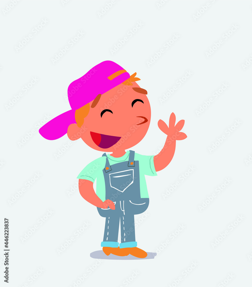 cartoon character of little boy on jeans waving informally while smiling. cartoon character of little boy on jeans waving informally while smiling.