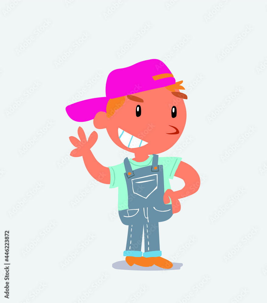 cartoon character of little boy on jeans waving while smiling.
