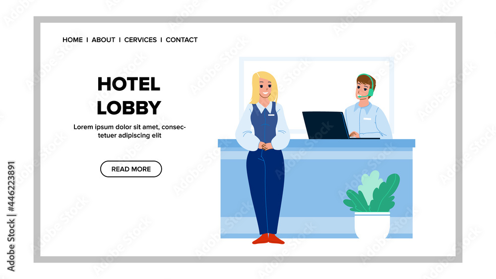 Hotel Lobby Workers Work At Reception Desk Vector. Woman Administrator And Man Receptionist Working In Hotel Lobby For Welcoming And Consultation Clients. Characters Job Web Flat Cartoon Illustration Hotel Lobby Workers Work At Reception Desk Vector. Woman Administrator And Man Receptionist Working In Hotel Lobby For Welcoming And Consultation Clients. Characters Job Web Flat Cartoon Illustration