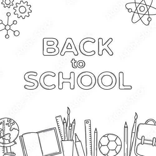 Back to school concept in doodle style. Square template of banner. Stationery, pen, globe, backpack, ruler, book, brush, pencil in hand drawn sketch. Vector illustration isolated on white background