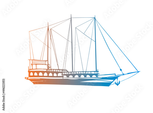 Vintage pleasure ship, old boat in the sea. Pirate schooner. Hand drawn sketch. Line art. Colourful vector illustration on white background.