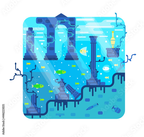 Ancient city underwater, a seabed with destroyed columns, amphorae - the remains of an old civilization. Vector illustration in flat cartoon stile