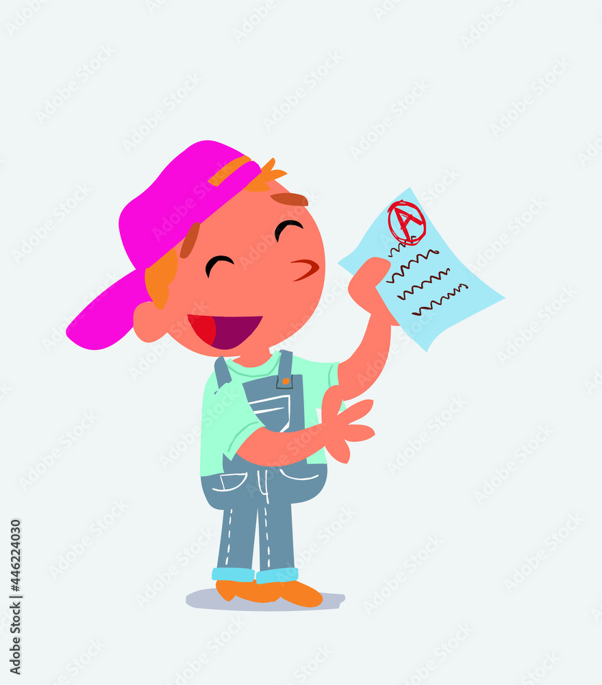 happy cartoon character of little boy on jeans explaining something with exam in hand happy cartoon character of little boy on jeans explaining something with exam in hand