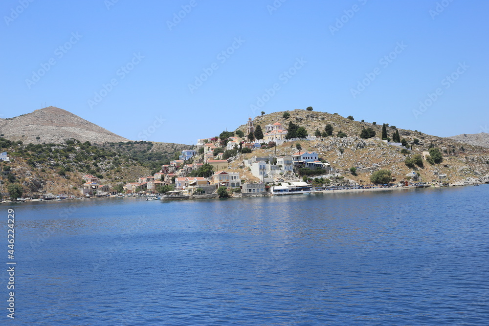 greece coast sea tourist town mediterranean mountains