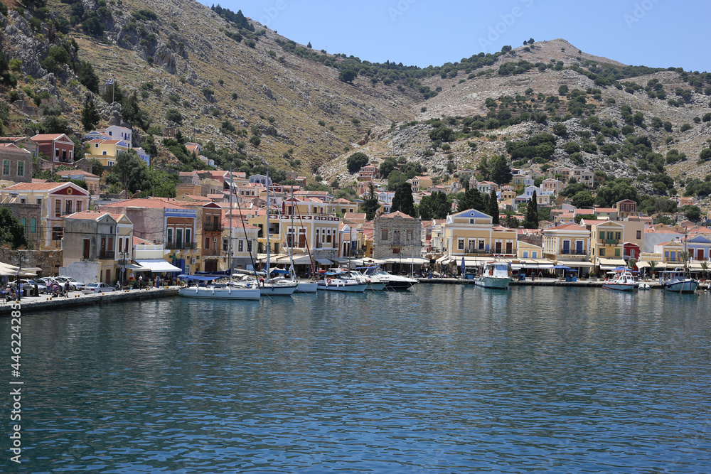 greece coast sea tourist town mediterranean mountains