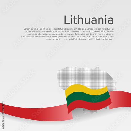 Lithuania flag  mosaic map on white background. Wavy ribbon with the lithuanian flag. Vector banner design  lithuania national poster. Cover for business booklet. State patriotic  flyer  brochure