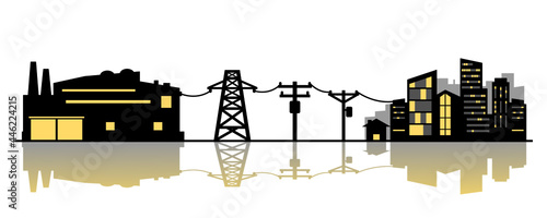Power plant generates electricity to transmit electricity to electric poles and city house on white background icon flat vector.