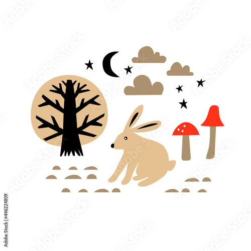 Vector card with cute rabbit  tree and mushrooms. Illustration for children s prints  greetings  posters  t-shirt  packaging  invites. Scandinavian style flat design. Funny cartoon animal.