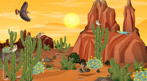 Desert forest landscape at sunset scene with desert animals and plants