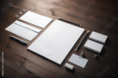 Branding stationery mockup on wooden background. Blank objects for placing your design. photo