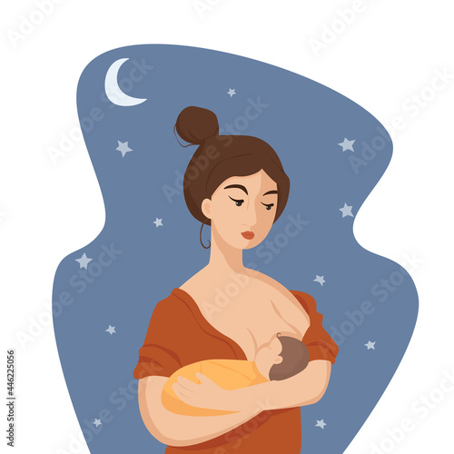 Mother is feeding her little baby with breastmilk at night, concept illustration
