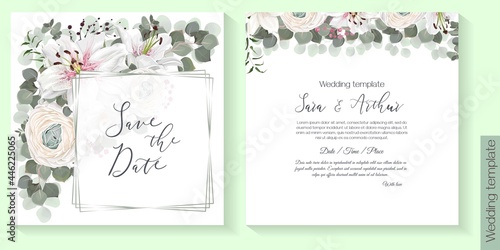 Wedding card with flowers. Floral vector frame design. Roses, ranunculus, lily, eucalyptus and green plants. Elements are isolated and editable.