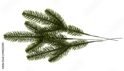 Three artificial spruce branches, close-up, isolated on white background