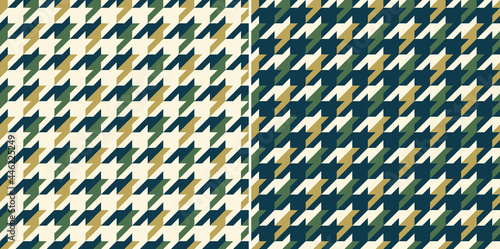 Houndstooth check pattern vector in green, gold, blue, off white. Seamless spring autumn geometric tartan plaid vector for fashion coat, scarf, dress, bag, purse, other fabric or paper design.