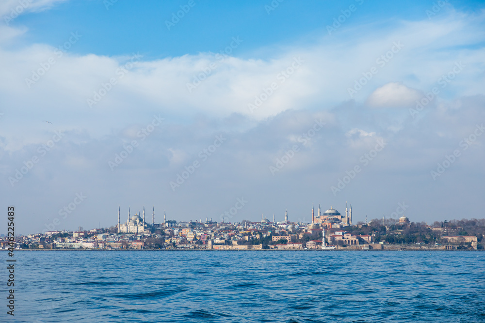 View of Blue mosque and Hagia Sophia from a sea