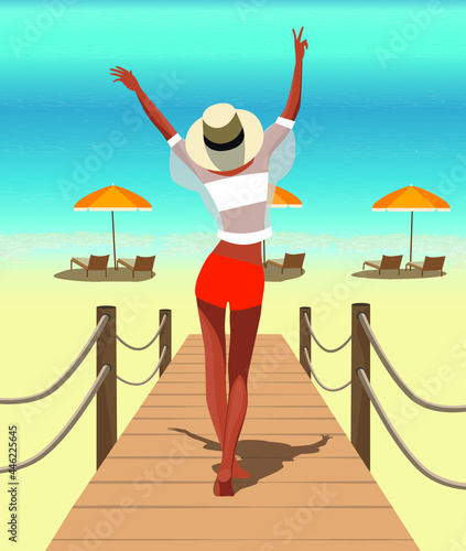 Digital illustration of emotions of happiness and joy of a girl in summer on vacation walks along the pier to the bridge to the ocean in a bikini and a hat to sunbathe and swim