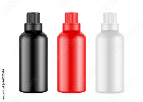 White matte plastic bottle for conditioner, shampoo, detergent, oil, medicine, cosmetic bottle. Front view of plastic bottle with screw cap packaging mockup template, 3d illustration