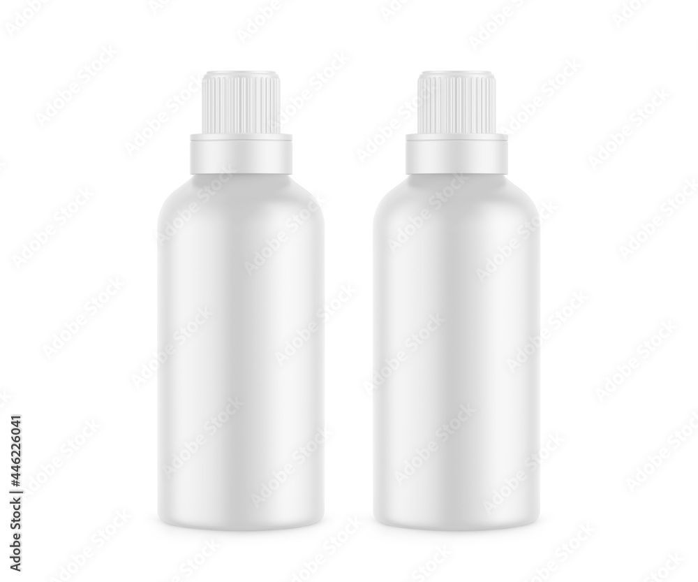 White matte plastic bottle for conditioner, shampoo, detergent, oil, medicine, cosmetic bottle. Front view of plastic bottle with screw cap packaging mockup template, 3d illustration White matte plastic bottle for conditioner, shampoo, detergent, oil, medicine, cosmetic bottle. Front view of plastic bottle with screw cap packaging mockup template, 3d illustration