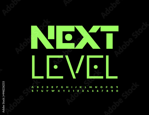 Vector bright emblem Next Level. Green techno Font. Modern set of Alphabet Letters and Numbers