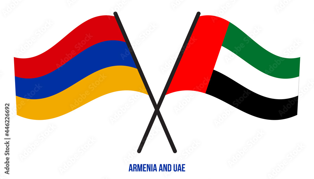 Armenia and UAE Flags Crossed And Waving Flat Style. Official Proportion. Correct Colors. Armenia and UAE Flags Crossed And Waving Flat Style. Official Proportion. Correct Colors.