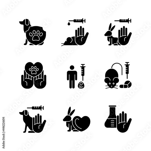 Stop animal testing black glyph icons set on white space. Pet protection and welfare. Vegan cosmetic brand label. Cruelty free mark. Silhouette symbols. Vector isolated illustration