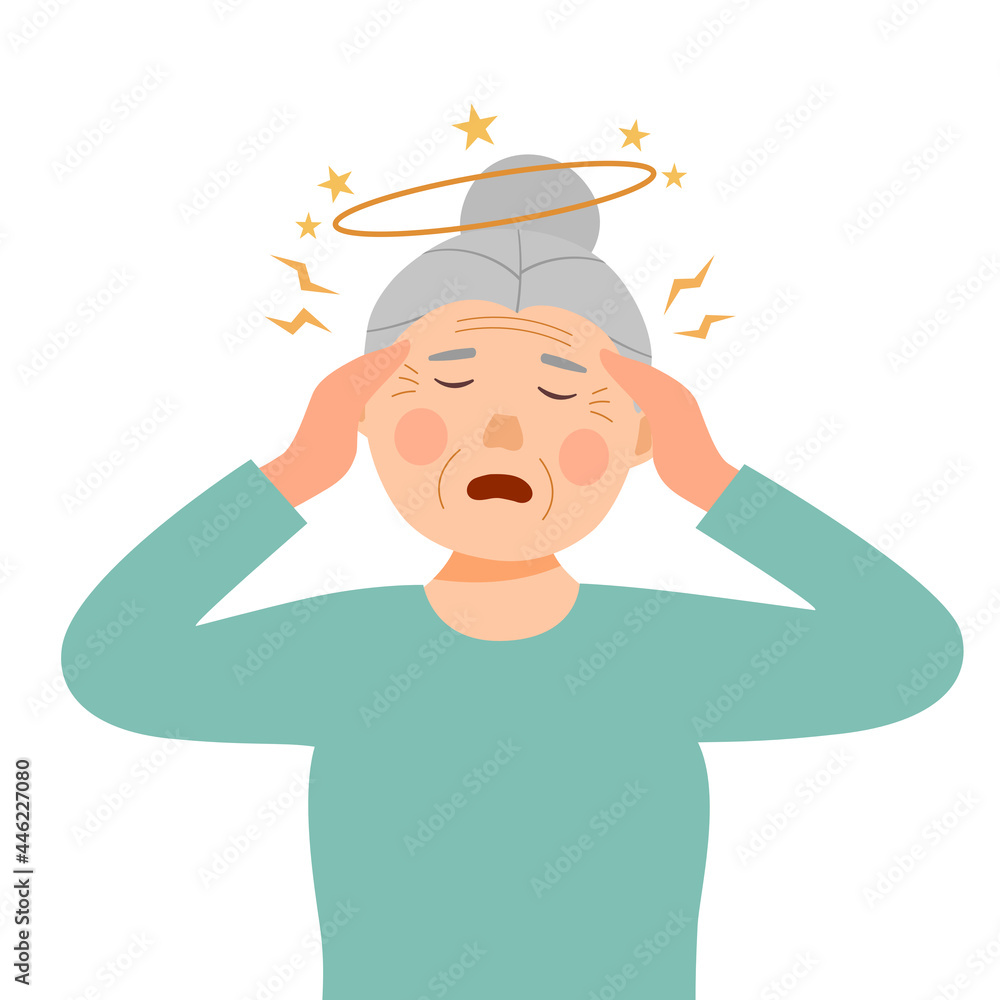 Sick senior woman having dizzy symptom in flat design on white background. Old female feeling vertigo. Dizziness illness. Sick senior woman having dizzy symptom in flat design on white background. Old female feeling vertigo. Dizziness illness.