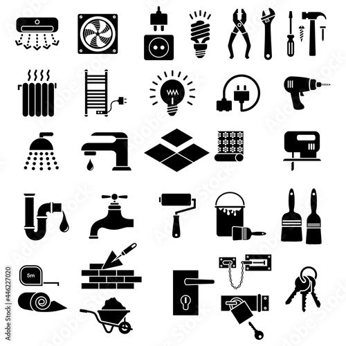 Ensemble de pictogrammes noirs pour le bricolage avec divers objets utilisés pour la réparation ou la construction de la maison.