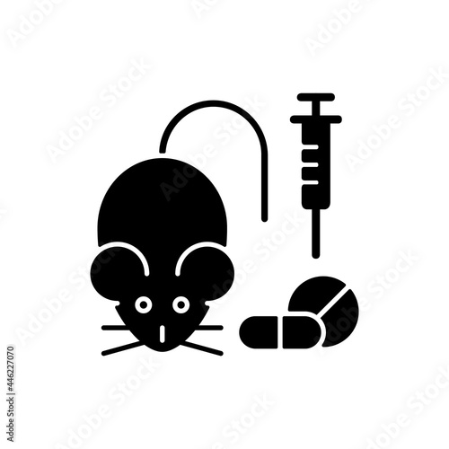 Testing medicine on animals black glyph icon. Clinical trials on mice, experimenting on rats. Medical research for drug toxicity on pets. Silhouette symbol on white space. Vector isolated illustration