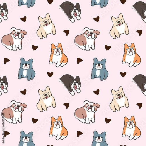 Fototapeta Naklejka Na Ścianę i Meble -  Seamless Pattern of Cartoon Bulldog and Heart Design on Light Pink Background