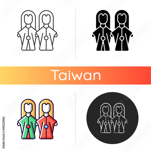 Glove puppets icon. Budaix national entertainment. Finger dancing artisan. Facial expression traditional stories retelling. Linear black and RGB color styles. Isolated vector illustrations