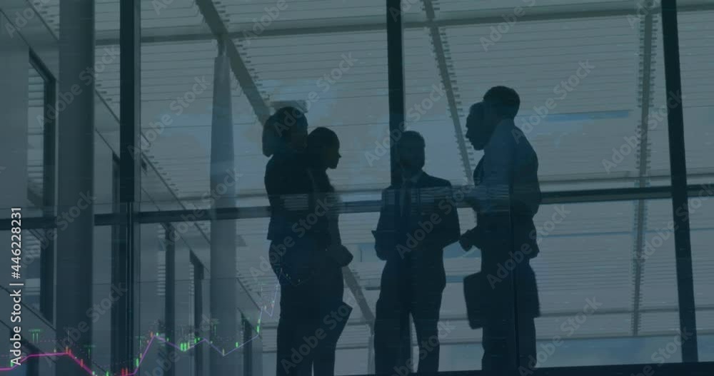 Animation of financial data processing over business people working in office Animation of financial data processing over business people working in office