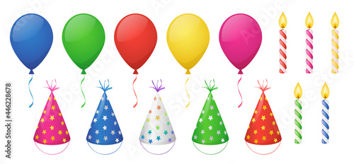Happy birthday party set with color balloons, cone hats and cake candles. Vector cartoon objects for festive decoration. Inflatable air balloons, spiral wax sticks and party caps